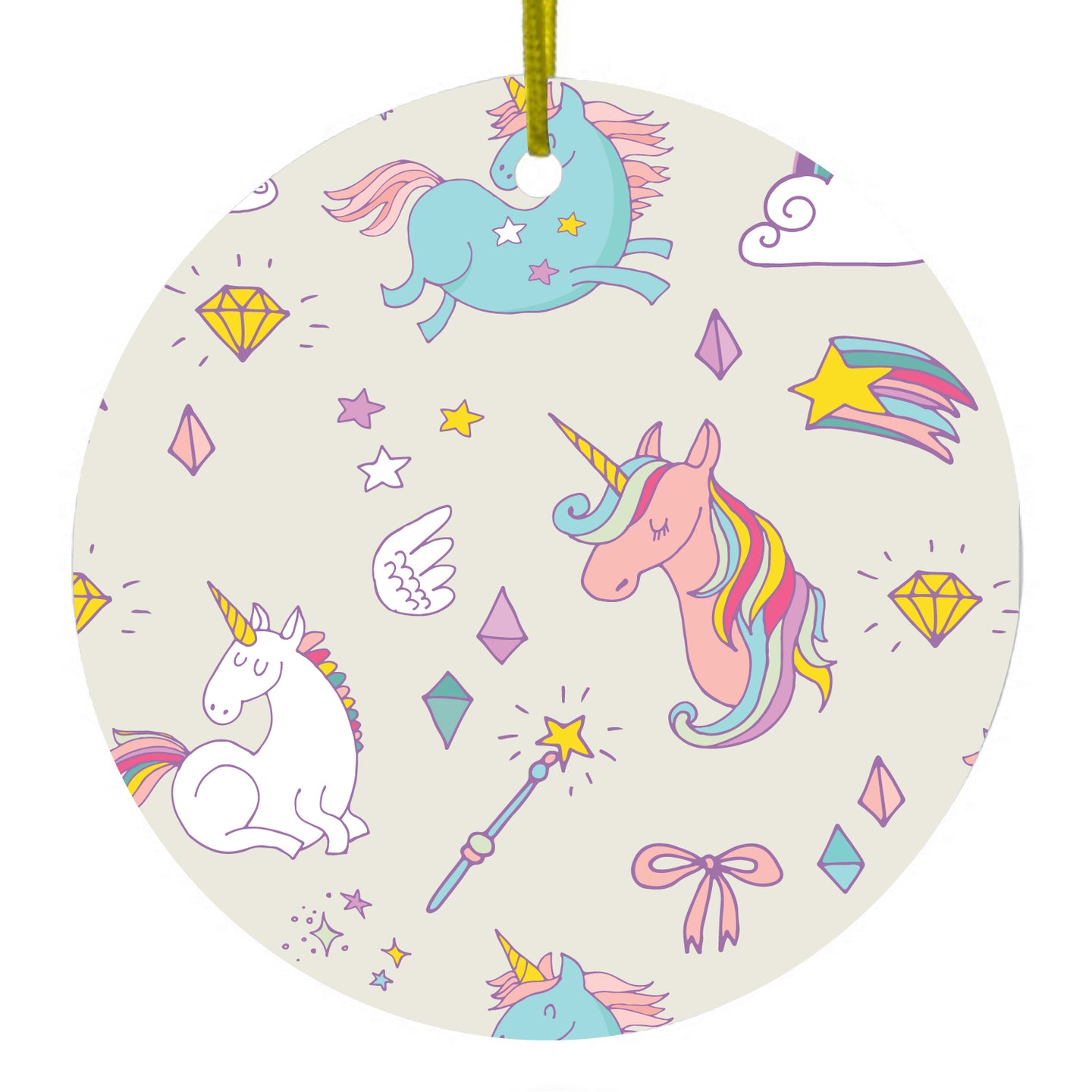 DistinctInk® Hanging Ceramic Christmas Tree Ornament with Gold String - Great Gift / Present - 2 3/4 inch Diameter - Unicorn Rainbow Wand Pattern - Beige