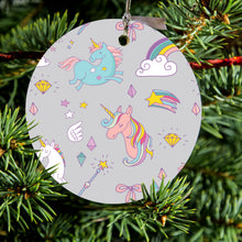 DistinctInk® Hanging Ceramic Christmas Tree Ornament with Gold String - Great Gift / Present - 2 3/4 inch Diameter - Unicorn Rainbow Wand Pattern - Grey