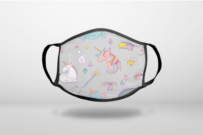Unicorn Rainbow Wand Pattern - Grey - 3-Ply Reusable Soft Face Mask Covering, Unisex, Cotton Inner Layer