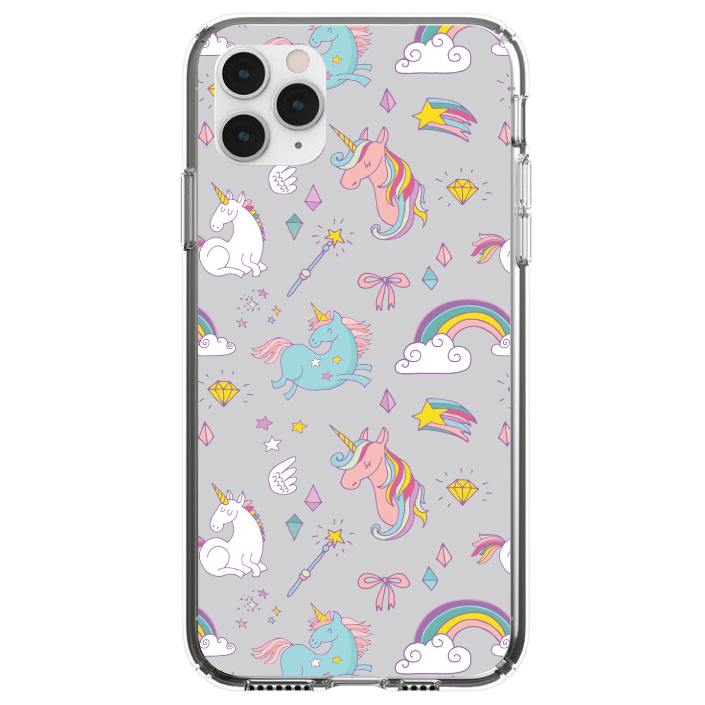 DistinctInk® Clear Shockproof Hybrid Case for Apple iPhone / Samsung Galaxy / Google Pixel - Unicorn Rainbow Wand Pattern - Grey