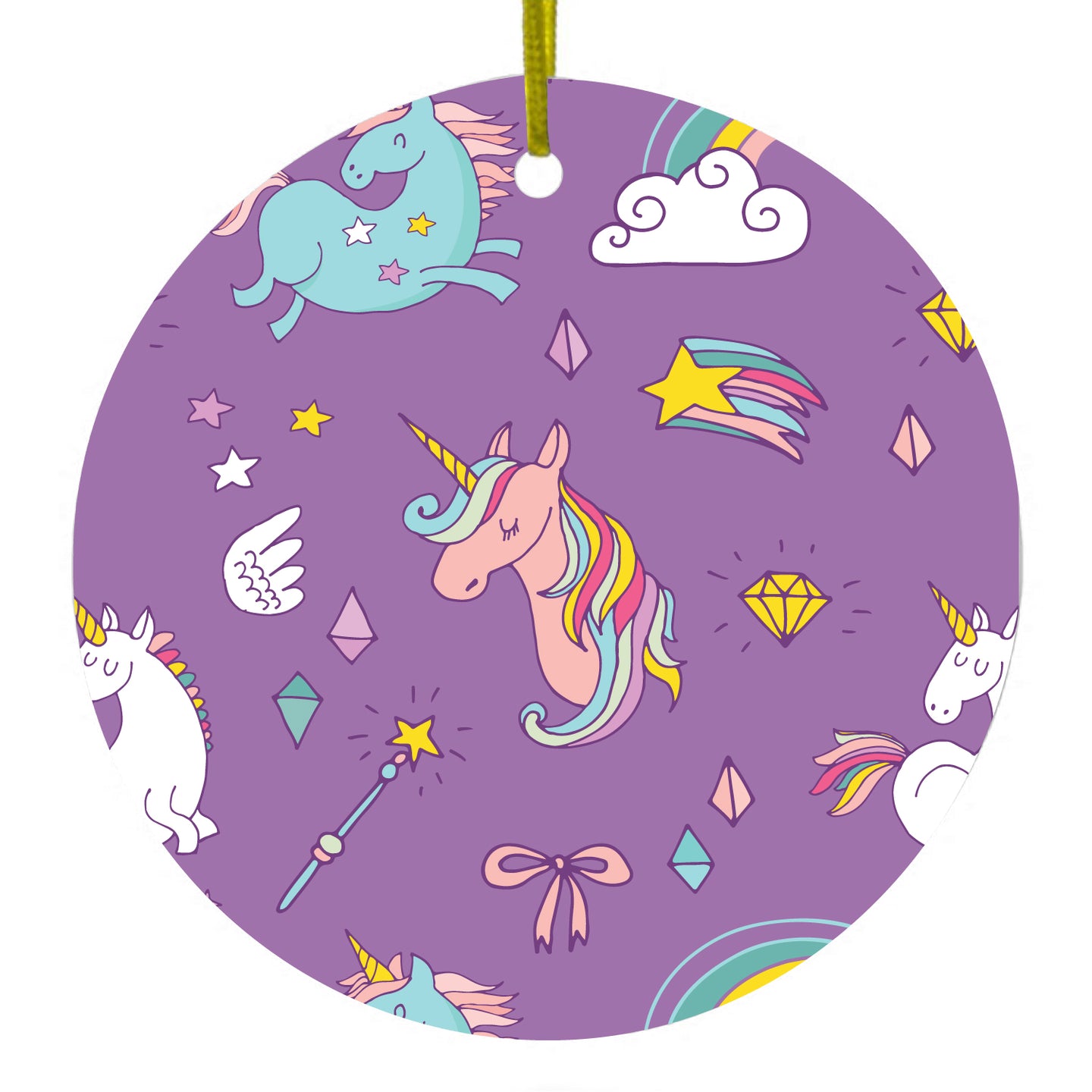 DistinctInk® Hanging Ceramic Christmas Tree Ornament with Gold String - Great Gift / Present - 2 3/4 inch Diameter - Unicorn Rainbow Wand Pattern - Purple