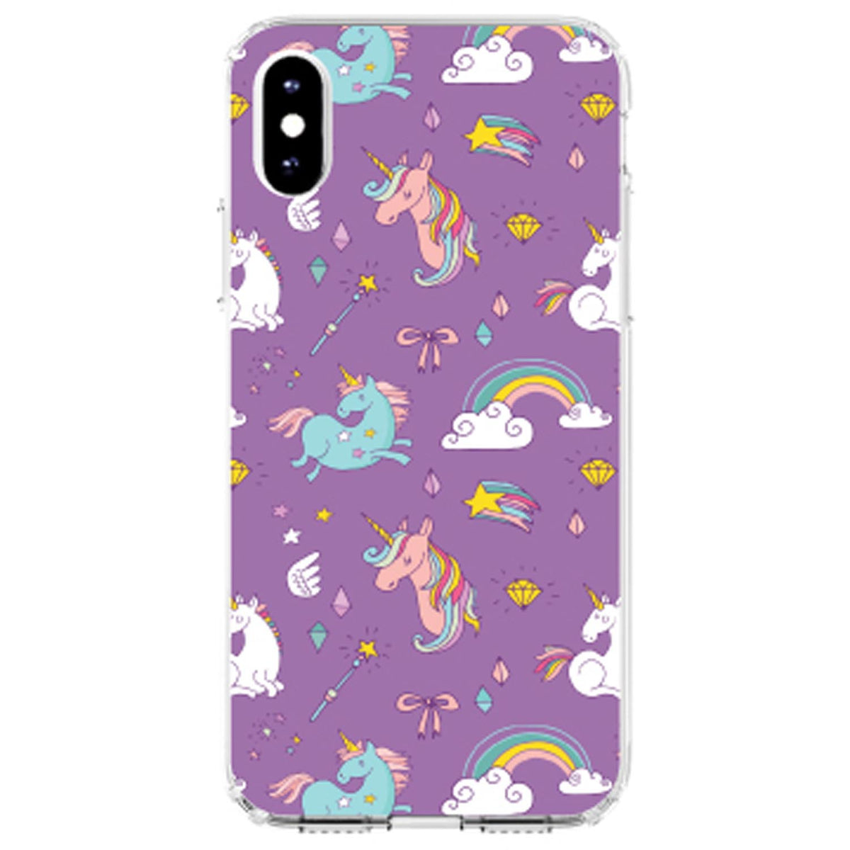 Unicorn Rainbow Wand Pattern, Purple Clear Shockproof iPhone Case, view 3