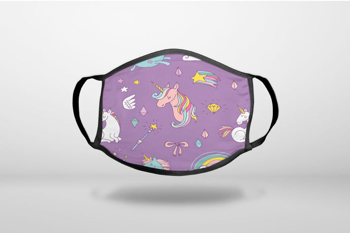 Unicorn Rainbow Wand Pattern - Purple - 3-Ply Reusable Soft Face Mask Covering, Unisex, Cotton Inner Layer