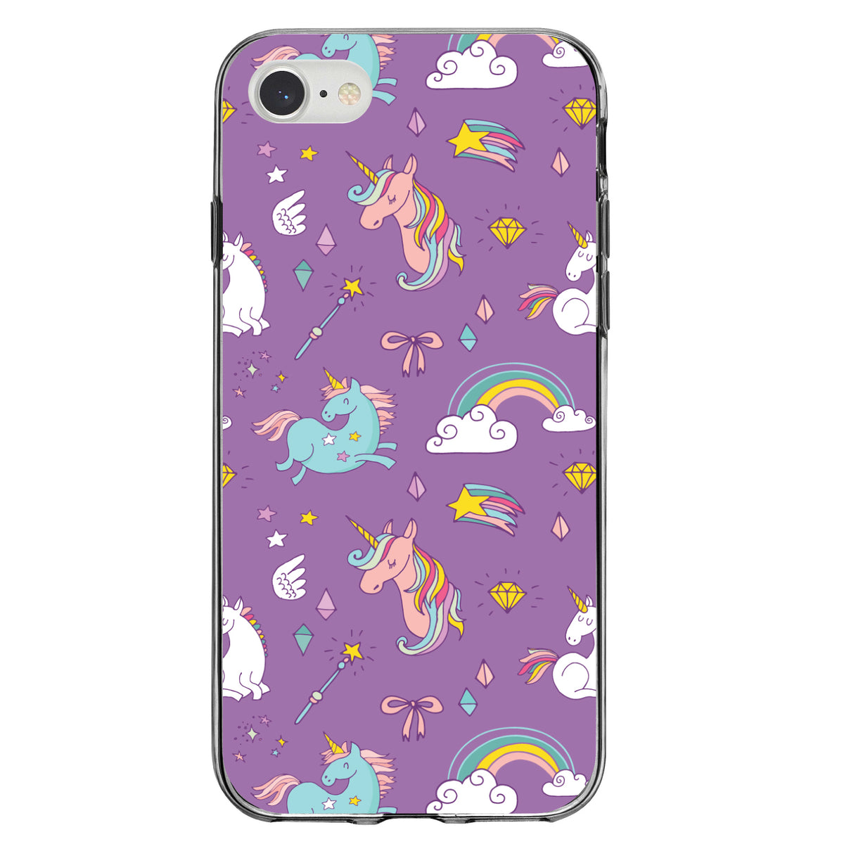 Unicorn Rainbow Wand Pattern, Purple Clear Shockproof iPhone Case, view 5