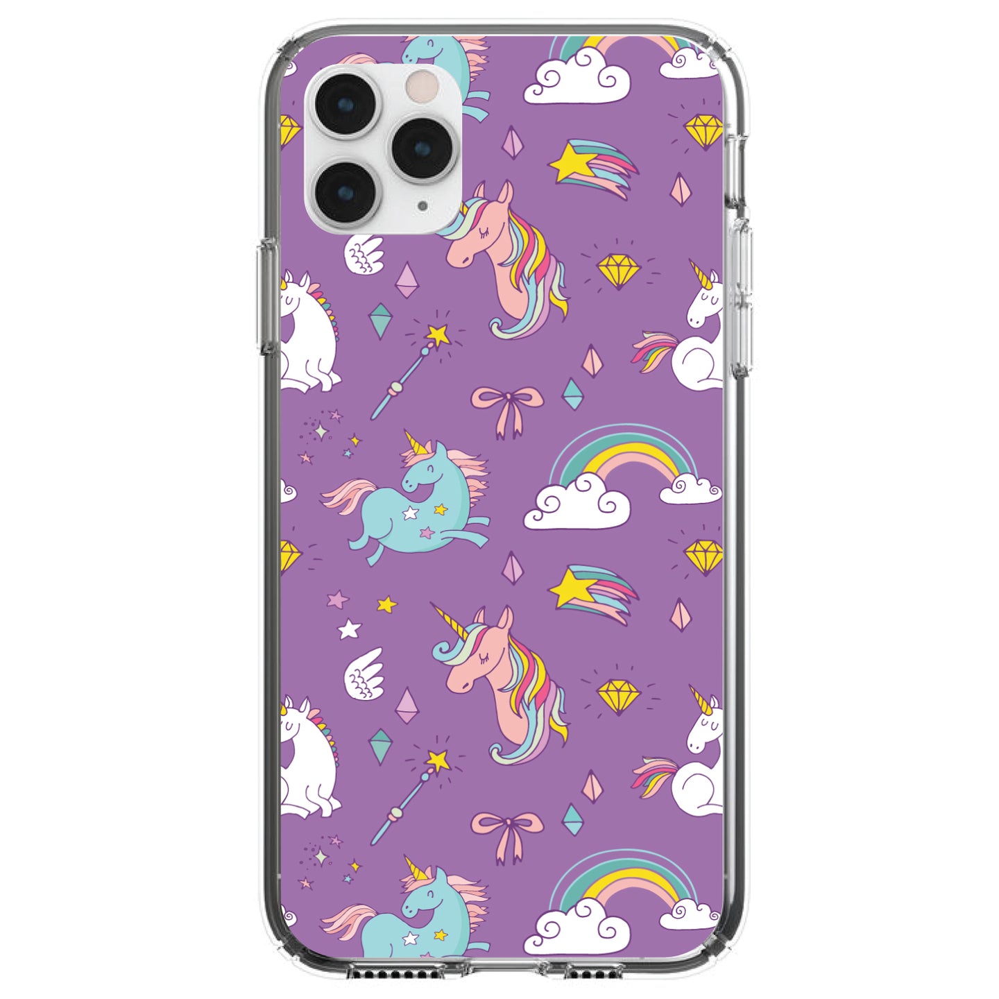 DistinctInk® Clear Shockproof Hybrid Case for Apple iPhone / Samsung Galaxy / Google Pixel - Unicorn Rainbow Wand Pattern - Purple