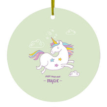 DistinctInk® Hanging Ceramic Christmas Tree Ornament with Gold String - Great Gift / Present - 2 3/4 inch Diameter - Unicorn - Make Your Own Magic