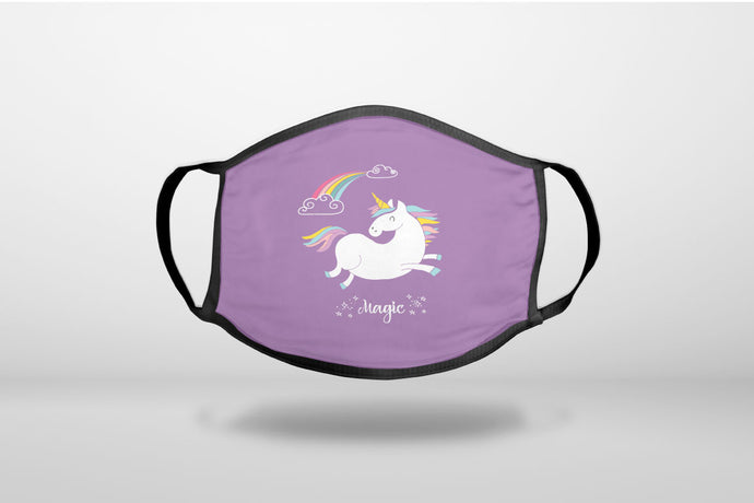 Unicorn - Rainbown - Magic - Purple - 3-Ply Reusable Soft Face Mask Covering, Unisex, Cotton Inner Layer