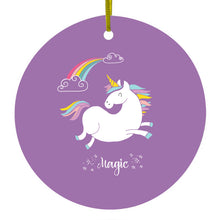 DistinctInk® Hanging Ceramic Christmas Tree Ornament with Gold String - Great Gift / Present - 2 3/4 inch Diameter - Unicorn - Rainbown - Magic - Purple