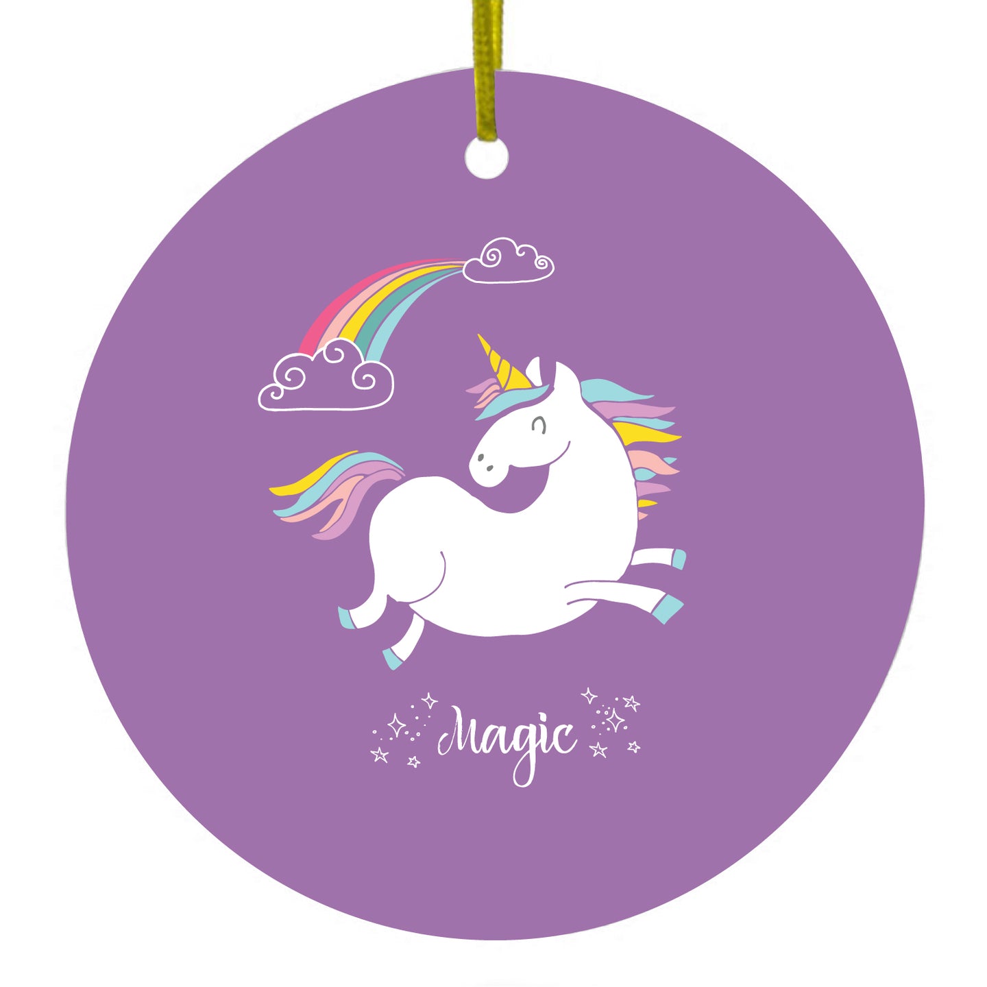 DistinctInk® Hanging Ceramic Christmas Tree Ornament with Gold String - Great Gift / Present - 2 3/4 inch Diameter - Unicorn - Rainbown - Magic - Purple