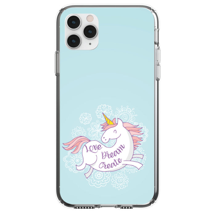 DistinctInk® Clear Shockproof Hybrid Case for Apple iPhone / Samsung Galaxy / Google Pixel - Flying Unicorn - Love / Dream / Create