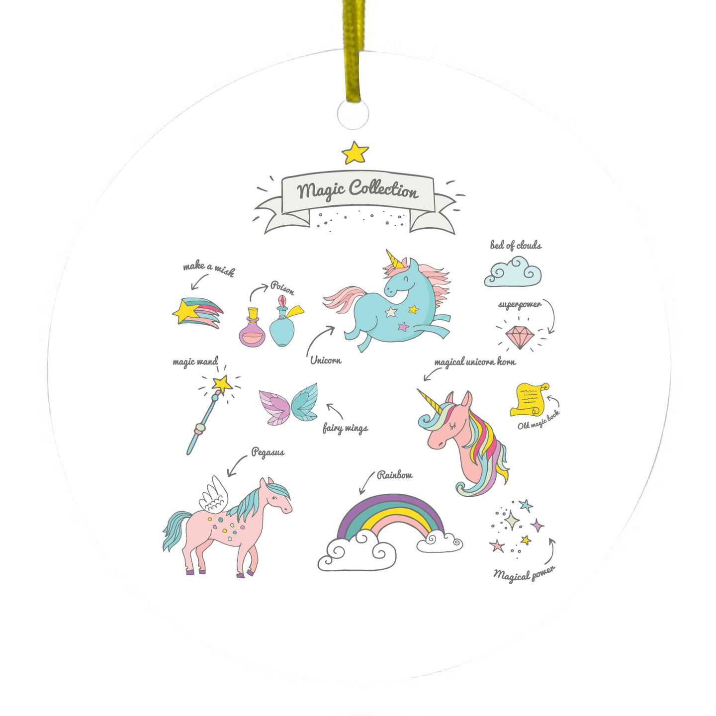 DistinctInk® Hanging Ceramic Christmas Tree Ornament with Gold String - Great Gift / Present - 2 3/4 inch Diameter - Magic Collection White - Unicorn, Rainbow