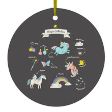DistinctInk® Hanging Ceramic Christmas Tree Ornament with Gold String - Great Gift / Present - 2 3/4 inch Diameter - Magic Collection Grey  - Unicorn, Rainbow