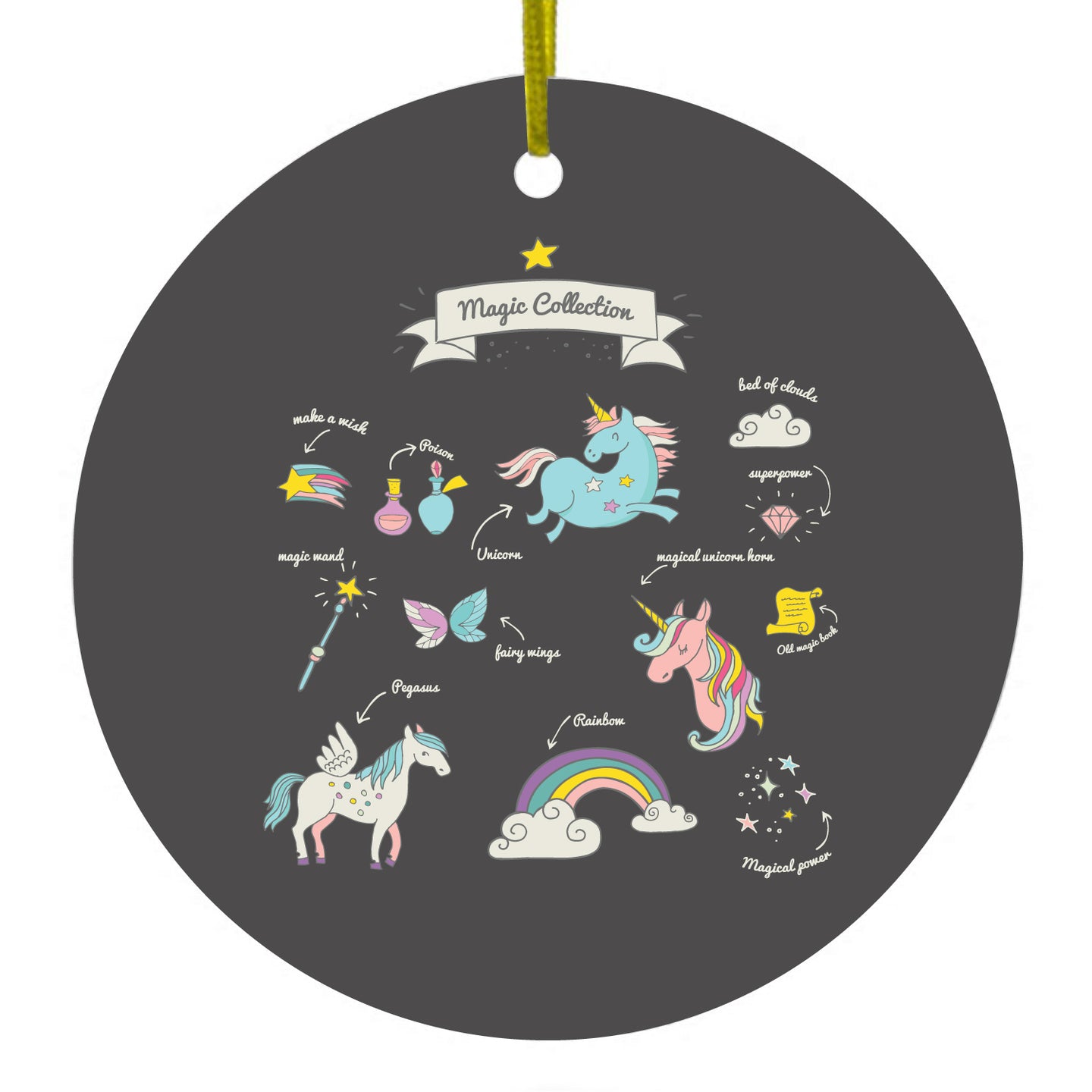 DistinctInk® Hanging Ceramic Christmas Tree Ornament with Gold String - Great Gift / Present - 2 3/4 inch Diameter - Magic Collection Grey  - Unicorn, Rainbow
