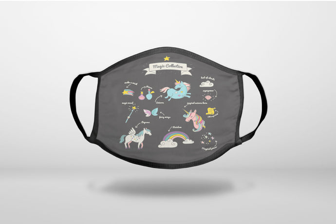 Magic Collection Grey  - Unicorn, Rainbow - 3-Ply Reusable Soft Face Mask Covering, Unisex, Cotton Inner Layer