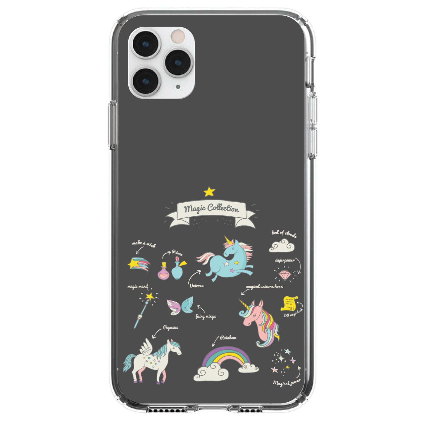 DistinctInk® Clear Shockproof Hybrid Case for Apple iPhone / Samsung Galaxy / Google Pixel - Magic Collection Grey  - Unicorn, Rainbow