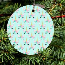 DistinctInk® Hanging Ceramic Christmas Tree Ornament with Gold String - Great Gift / Present - 2 3/4 inch Diameter - Pastel Unicorn Pattern - Teal Pink Purple