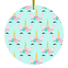 DistinctInk® Hanging Ceramic Christmas Tree Ornament with Gold String - Great Gift / Present - 2 3/4 inch Diameter - Pastel Unicorn Pattern - Teal Pink Purple