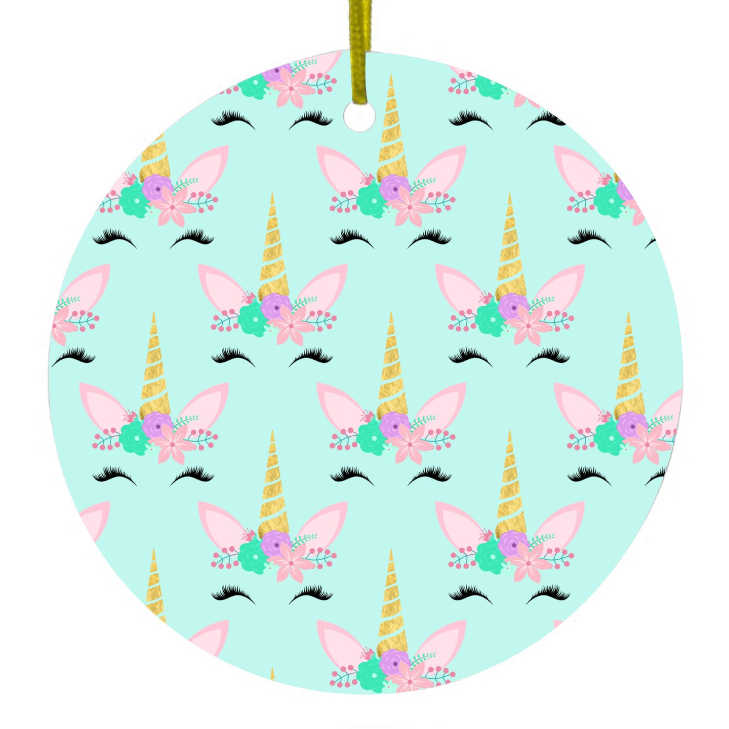 DistinctInk® Hanging Ceramic Christmas Tree Ornament with Gold String - Great Gift / Present - 2 3/4 inch Diameter - Pastel Unicorn Pattern - Teal Pink Purple