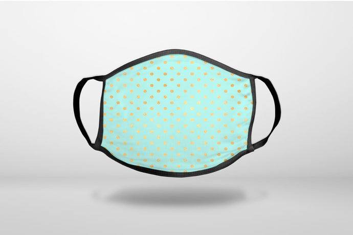 Teal & Gold Polka Dot Pattern - 3-Ply Reusable Soft Face Mask Covering, Unisex, Cotton Inner Layer