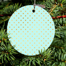 DistinctInk® Hanging Ceramic Christmas Tree Ornament with Gold String - Great Gift / Present - 2 3/4 inch Diameter - Teal & Gold Polka Dot Pattern