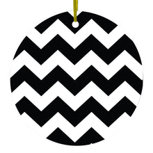 DistinctInk® Hanging Ceramic Christmas Tree Ornament with Gold String - Great Gift / Present - 2 3/4 inch Diameter - Black & White Chevron Stripes