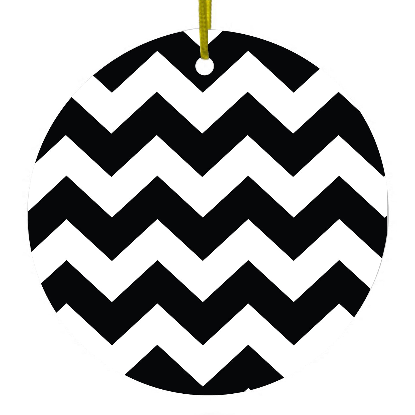 DistinctInk® Hanging Ceramic Christmas Tree Ornament with Gold String - Great Gift / Present - 2 3/4 inch Diameter - Black & White Chevron Stripes