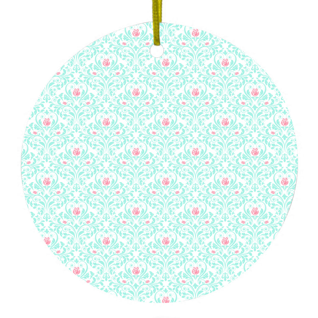 Teal & Pink Rose Pattern Ceramic Ornament