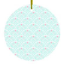 DistinctInk® Hanging Ceramic Christmas Tree Ornament with Gold String - Great Gift / Present - 2 3/4 inch Diameter - Teal & Pink Rose Pattern