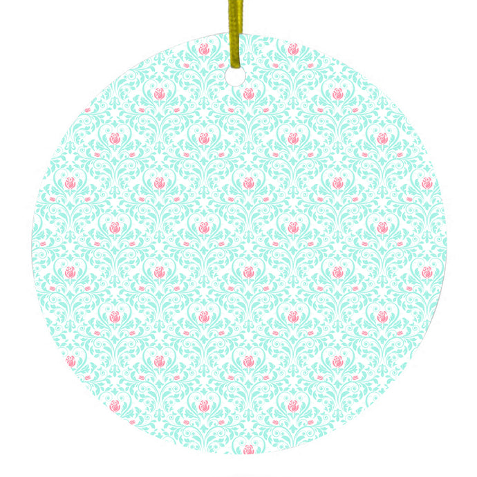Teal & Pink Rose Pattern Ceramic Ornament