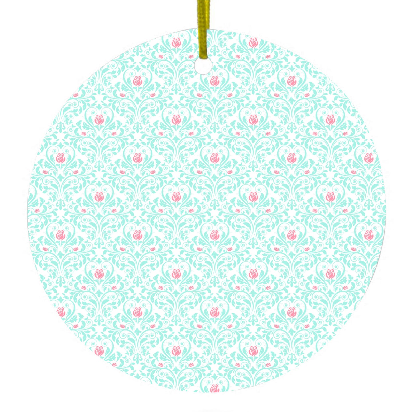 DistinctInk® Hanging Ceramic Christmas Tree Ornament with Gold String - Great Gift / Present - 2 3/4 inch Diameter - Teal & Pink Rose Pattern