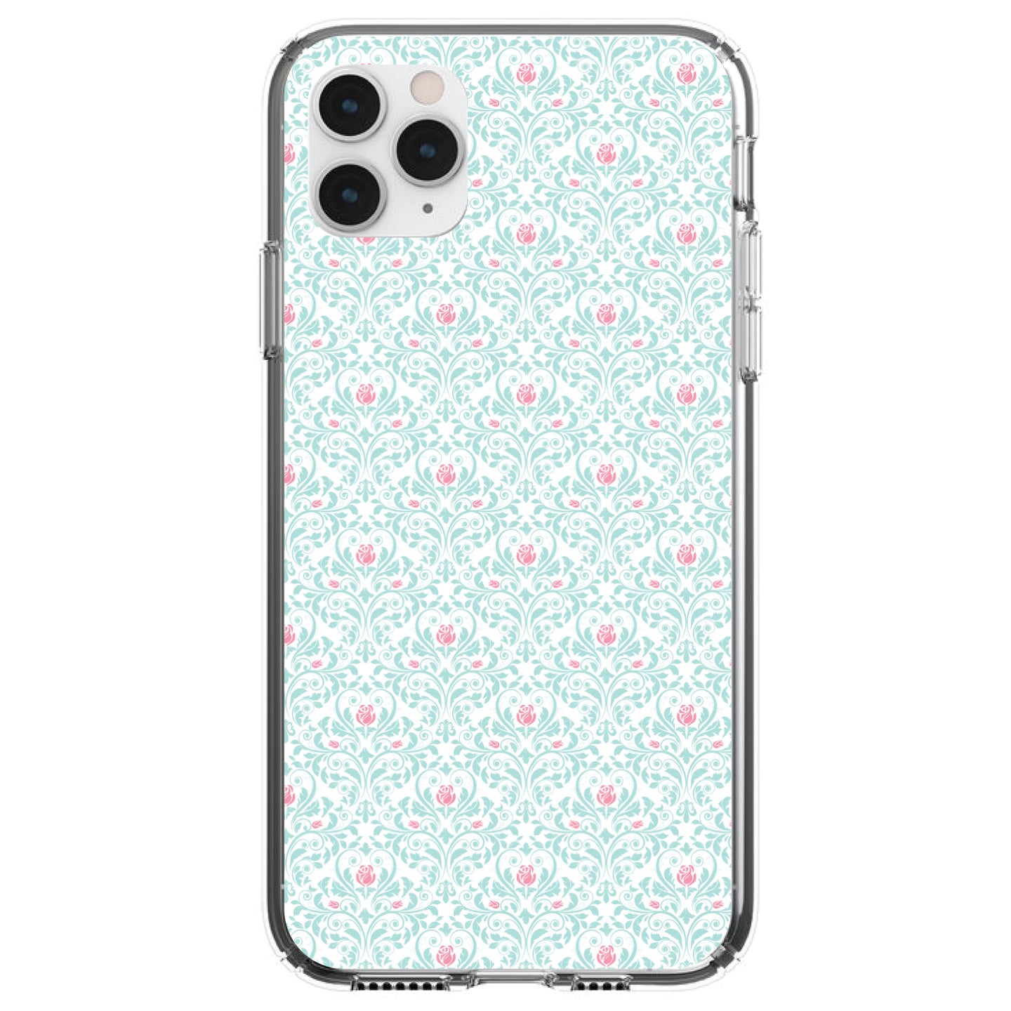 DistinctInk® Clear Shockproof Hybrid Case for Apple iPhone / Samsung Galaxy / Google Pixel - Teal & Pink Rose Pattern