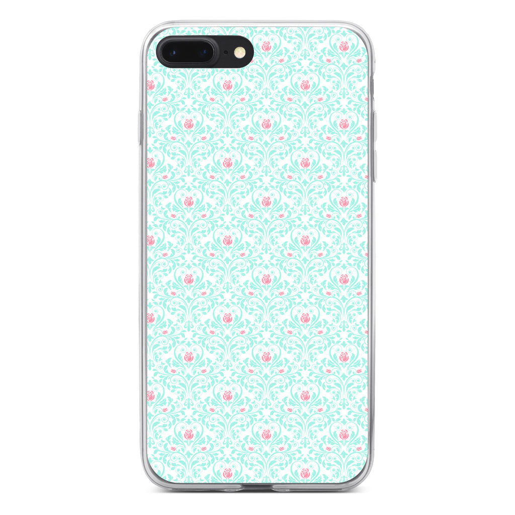 Teal & Pink Rose Pattern Clear Shockproof iPhone Case, view 6