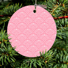 DistinctInk® Hanging Ceramic Christmas Tree Ornament with Gold String - Great Gift / Present - 2 3/4 inch Diameter - Pink & White Rose Pattern