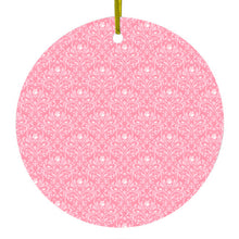 DistinctInk® Hanging Ceramic Christmas Tree Ornament with Gold String - Great Gift / Present - 2 3/4 inch Diameter - Pink & White Rose Pattern