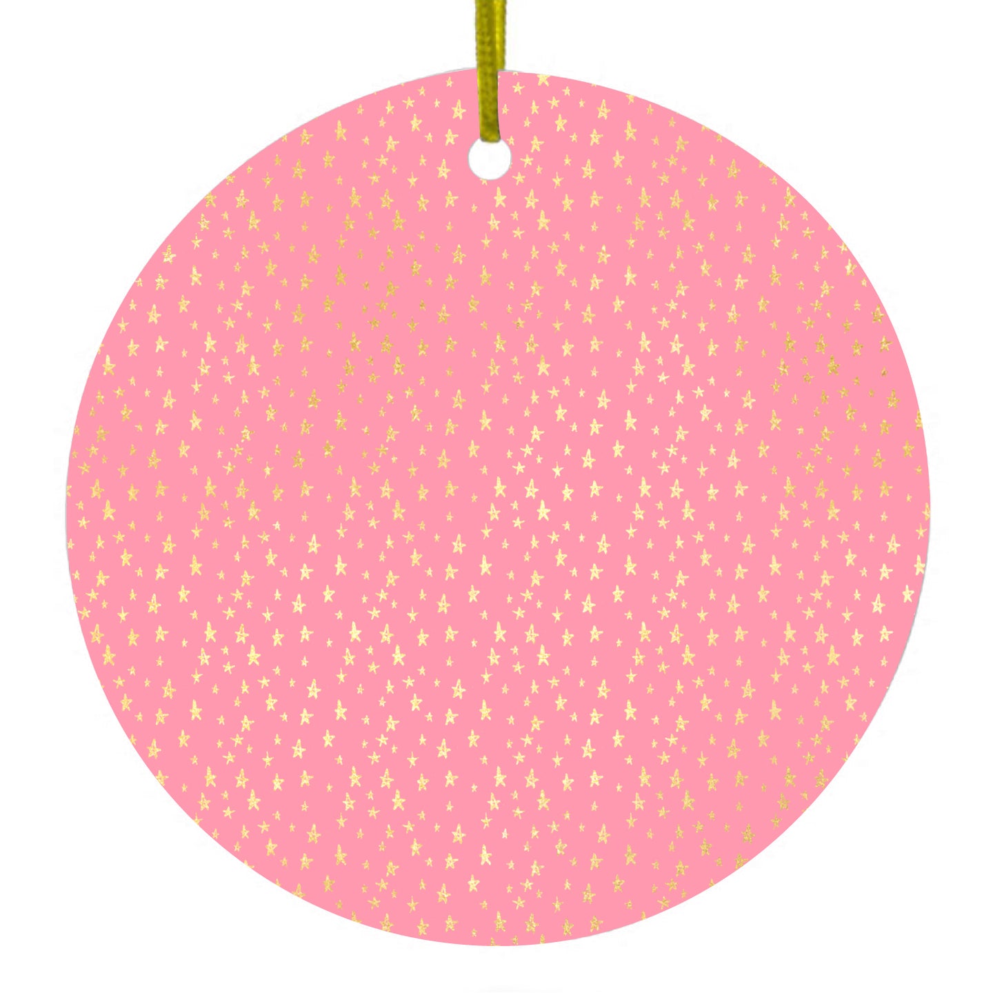 DistinctInk® Hanging Ceramic Christmas Tree Ornament with Gold String - Great Gift / Present - 2 3/4 inch Diameter - Pink & Gold Star Pattern