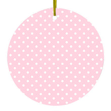 DistinctInk® Hanging Ceramic Christmas Tree Ornament with Gold String - Great Gift / Present - 2 3/4 inch Diameter - Pink & White Polka Dot Pattern