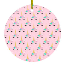 DistinctInk® Hanging Ceramic Christmas Tree Ornament with Gold String - Great Gift / Present - 2 3/4 inch Diameter - Pastel Unicorn Pattern - Pink Purple Black