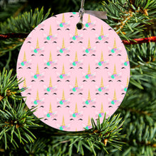 DistinctInk® Hanging Ceramic Christmas Tree Ornament with Gold String - Great Gift / Present - 2 3/4 inch Diameter - Pastel Unicorn Pattern - Pink Purple Black