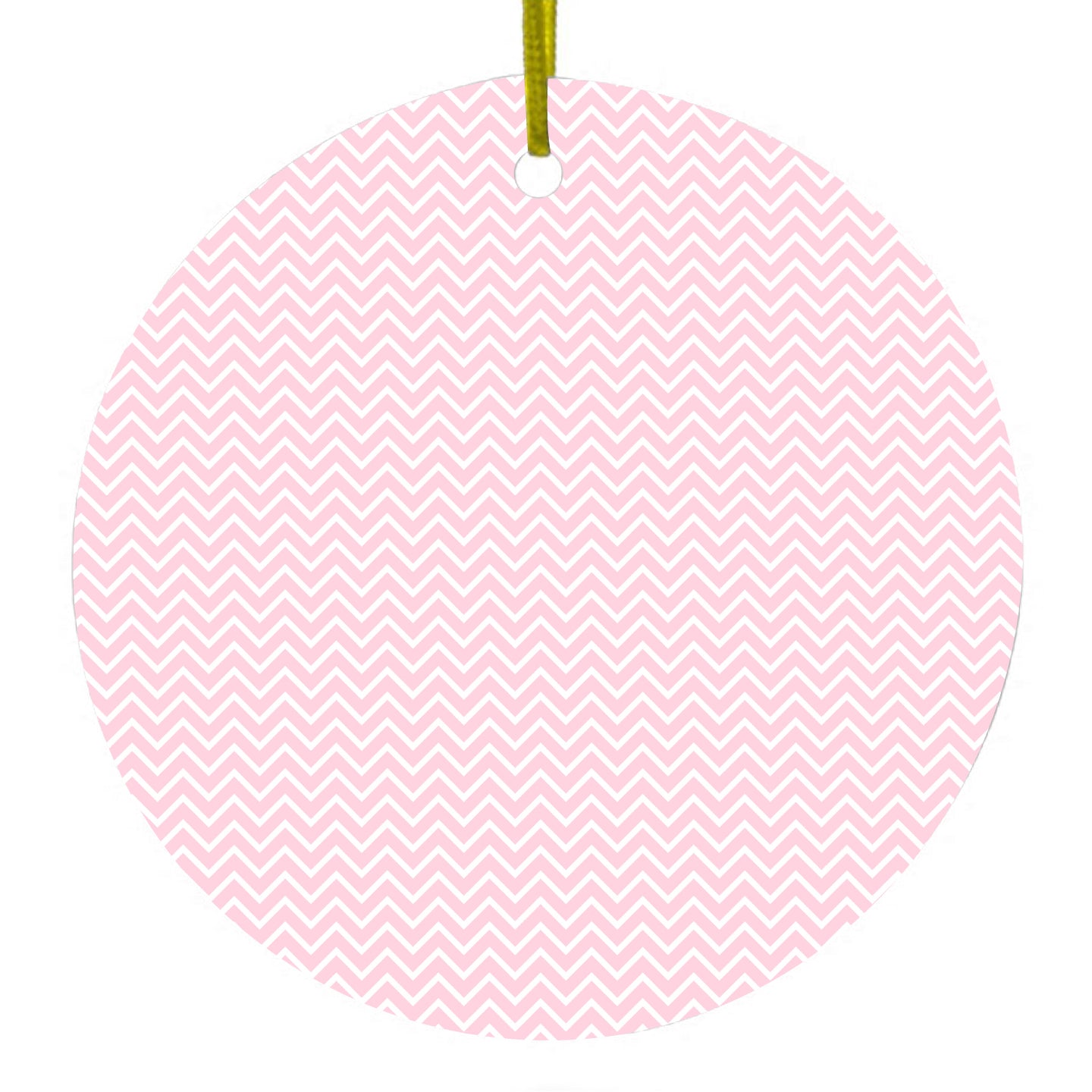 DistinctInk® Hanging Ceramic Christmas Tree Ornament with Gold String - Great Gift / Present - 2 3/4 inch Diameter - Pink & White Thin Chevron Pattern