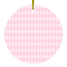DistinctInk® Hanging Ceramic Christmas Tree Ornament with Gold String - Great Gift / Present - 2 3/4 inch Diameter - Pink Diamond Pattern