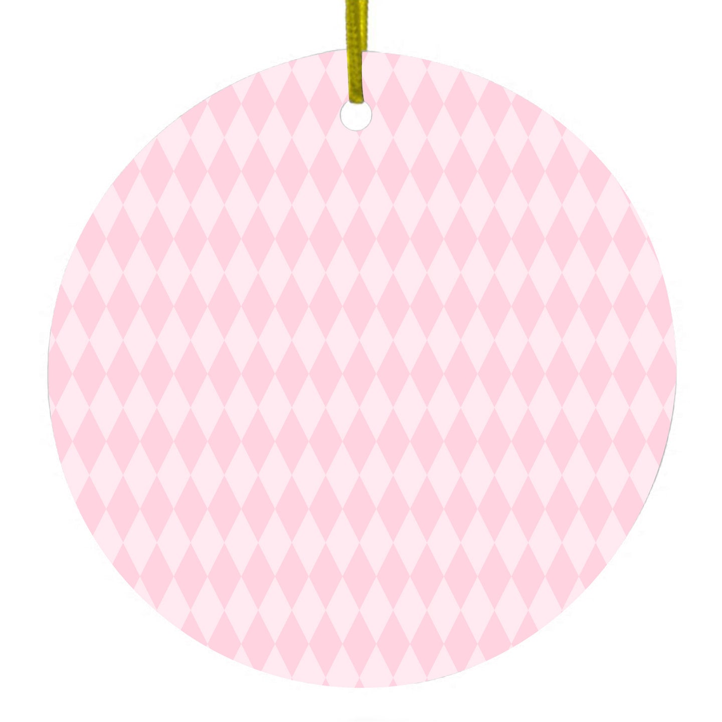 DistinctInk® Hanging Ceramic Christmas Tree Ornament with Gold String - Great Gift / Present - 2 3/4 inch Diameter - Pink Diamond Pattern