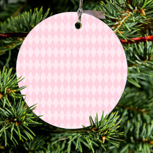 DistinctInk® Hanging Ceramic Christmas Tree Ornament with Gold String - Great Gift / Present - 2 3/4 inch Diameter - Pink Diamond Pattern
