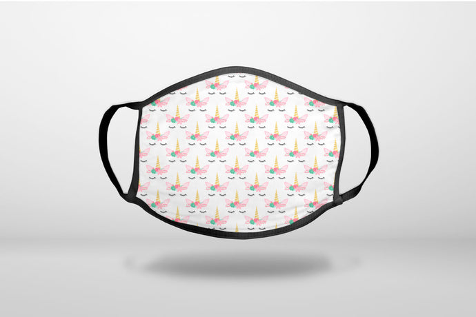 Pastel Unicorn Pattern - White Pink Black - 3-Ply Reusable Soft Face Mask Covering, Unisex, Cotton Inner Layer