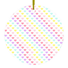DistinctInk® Hanging Ceramic Christmas Tree Ornament with Gold String - Great Gift / Present - 2 3/4 inch Diameter - Rainbow Hearts Diagonal Pattern
