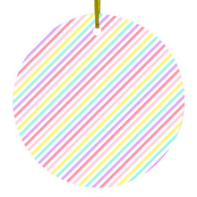 DistinctInk® Hanging Ceramic Christmas Tree Ornament with Gold String - Great Gift / Present - 2 3/4 inch Diameter - Rainbow Diagonal Stripes Pattern