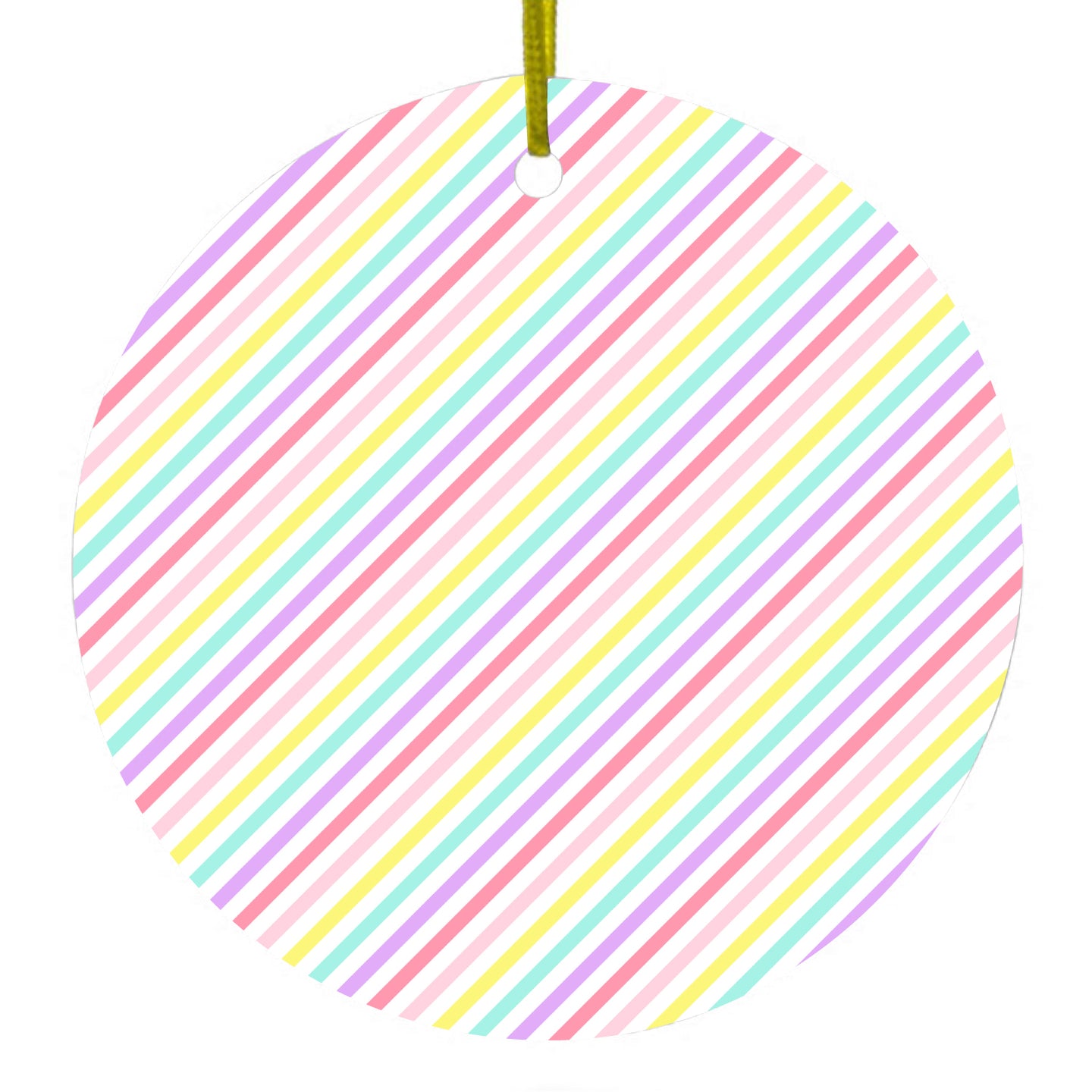 DistinctInk® Hanging Ceramic Christmas Tree Ornament with Gold String - Great Gift / Present - 2 3/4 inch Diameter - Rainbow Diagonal Stripes Pattern