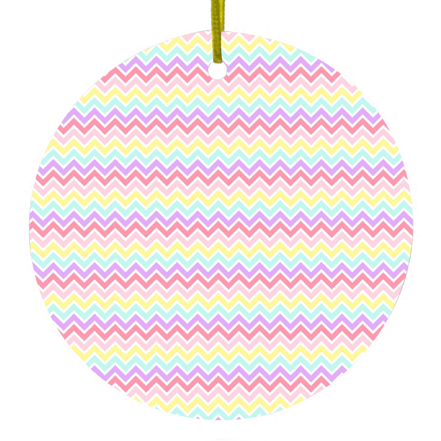DistinctInk® Hanging Ceramic Christmas Tree Ornament with Gold String - Great Gift / Present - 2 3/4 inch Diameter - Rainbow Chevron Stripes Pattern