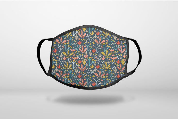 Modern Floral - Navy Yellow Teal - 3-Ply Reusable Soft Face Mask Covering, Unisex, Cotton Inner Layer