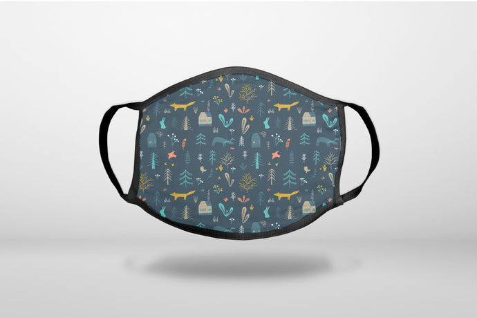 Modern Floral - Navy - House, Deer, Tree - 3-Ply Reusable Soft Face Mask Covering, Unisex, Cotton Inner Layer