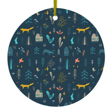 DistinctInk® Hanging Ceramic Christmas Tree Ornament with Gold String - Great Gift / Present - 2 3/4 inch Diameter - Modern Floral - Navy - House, Deer, Tree